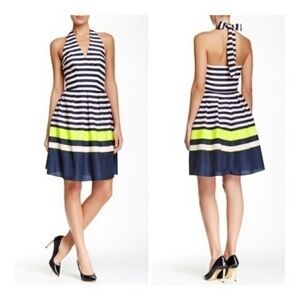 Ted Baker London Sarera Candy Bar Stripe Halter Dress Black Neon Green Pink 4